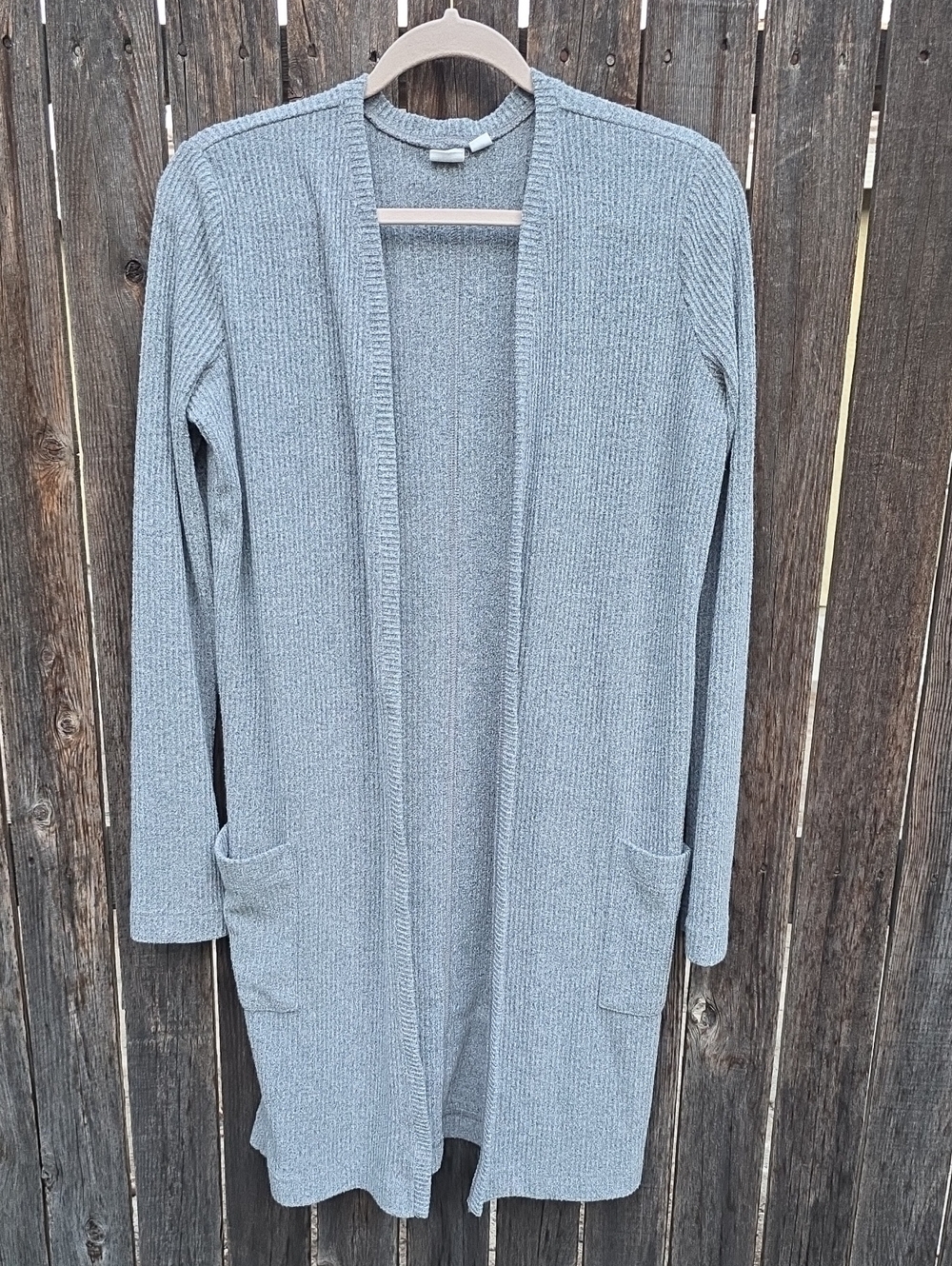Gray Open-Front Ribbed Long Cardigan Sweater